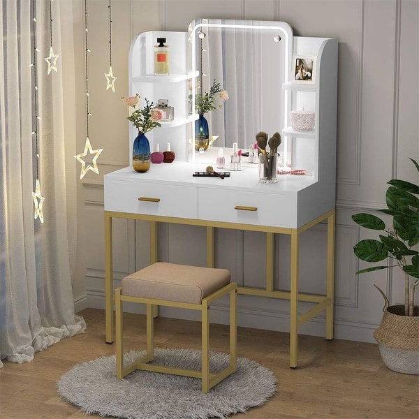 Vanity Table Set with Lighted Mirror & Stool, Makeup Vanity
