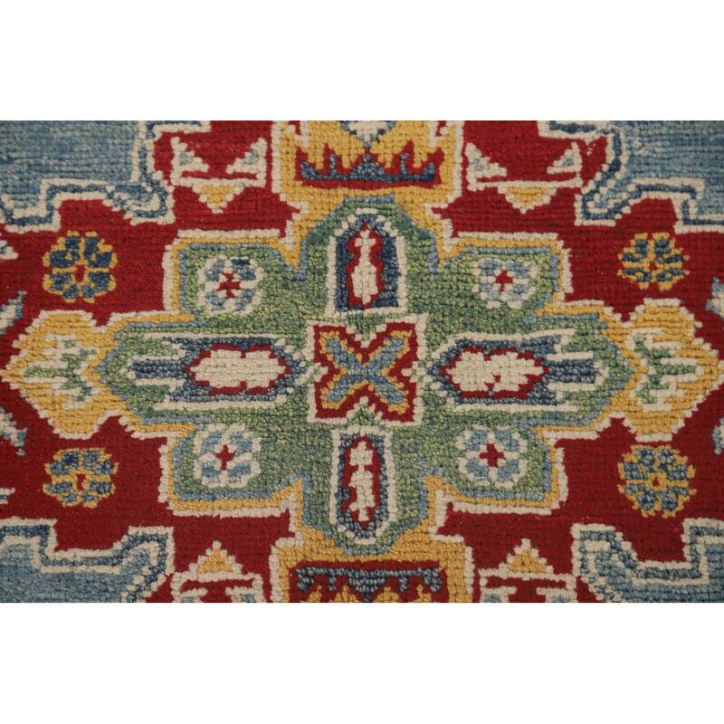 Light Blue Geometric Kazak Area Rug Hand-Knotted Wool Carpet - 4'10" x 6'7"