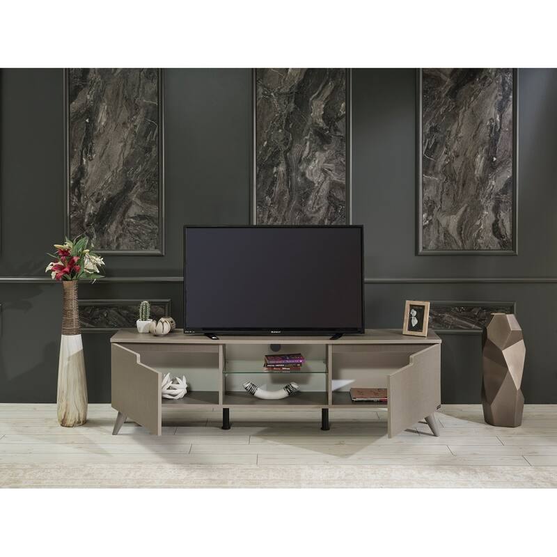 FurnisHome Store Luxia Mid Century Modern Tv Stand 2 Sliding Door Cabinet 2 Shelves 67 inch Tv Uni, White
