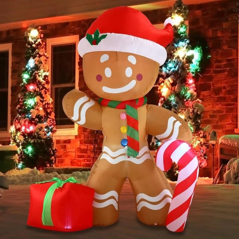 Joyfy 8ft Christmas Inflatable Gingerbread Man with Candy Cane, LED-lit