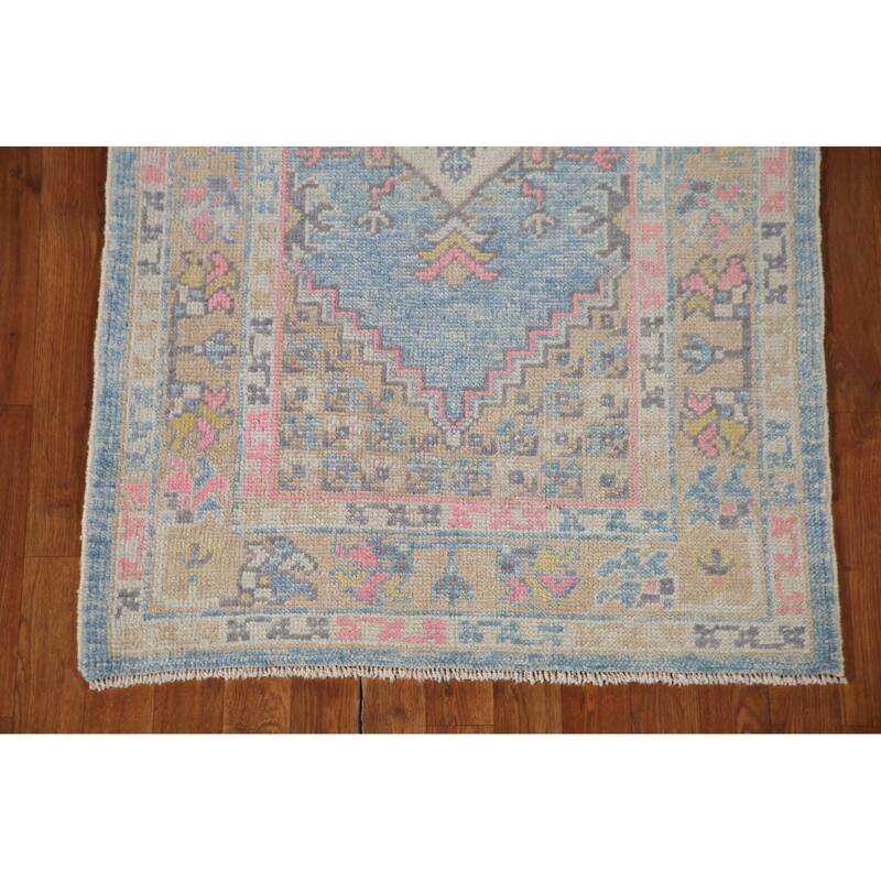 Handmade Vegetable Dye Oushak Turkish Runner Rug Blue Wool Carpet - 3'1"x 11'3"