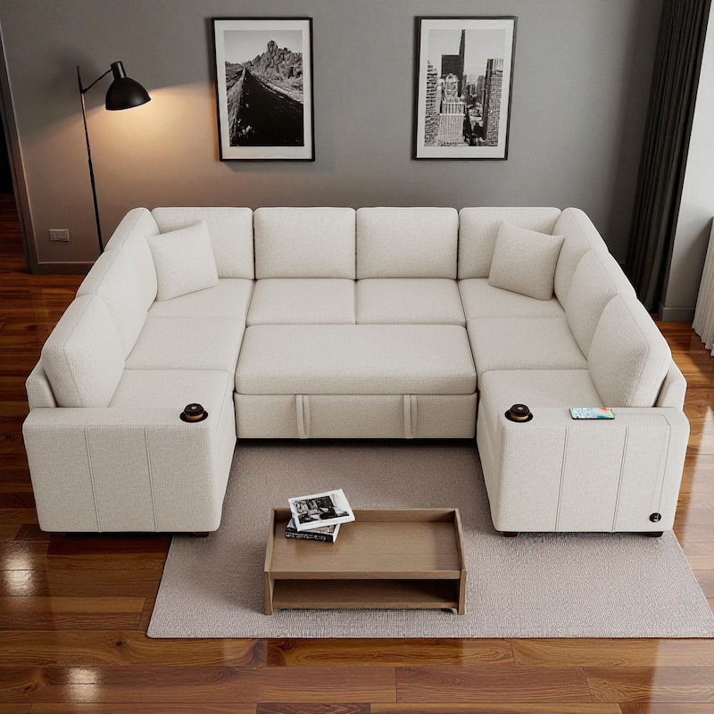 107.1" Convertible Sectional Sofa Pull-Out Sleeper U-Shaped Chenille Couch with USB Ports Cup Holders and Pillows - Beige