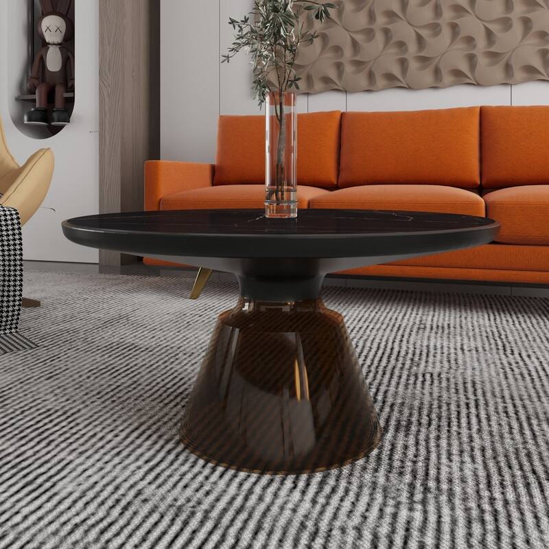 Tully Modern Round Coffee Table Glass/Stone Tabletop with Black Iron Rim Frame & Glass Pedestal Base for Living or Bed Room