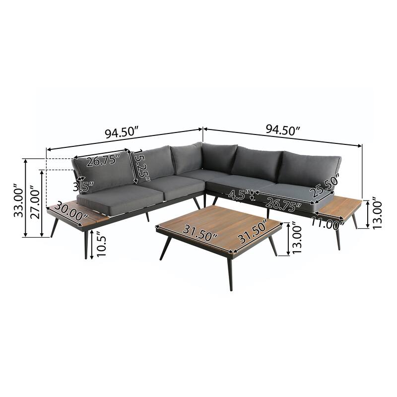 Outdoor Seating Group L-shape Sectional Couch with Side Table & Coffee Table, All-Weather Patio Furniture Set with Thick Cushion