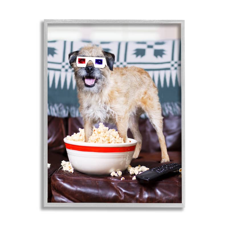 Stupell Dog 3-D Movie Night Couch Snacking Popcorn Framed Wall Art, Design by Michael Quackenbush - Multi - 16 x 20 - Grey