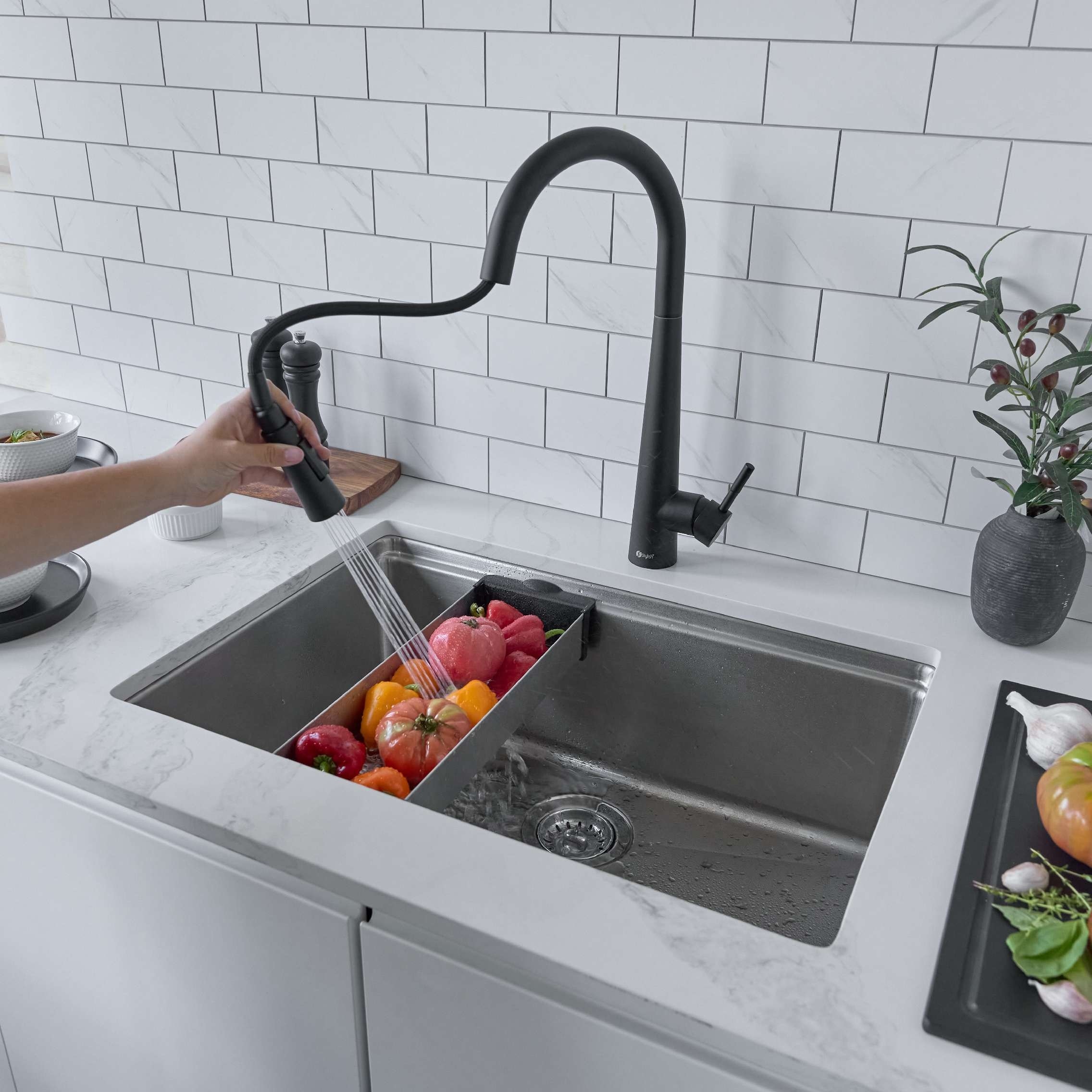 STYLISH Stainless Steel Over the Sink Colander with Non-slip Handle - External Size: 16 7/8" L x 5 1/2" W x 2 1/4" D
