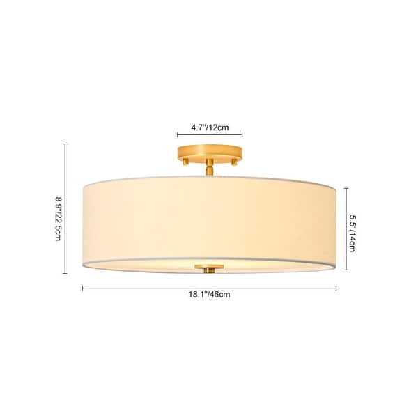 dimension image slide 1 of 2, French Country Brass Round White Linen Drum Ceiling Light
