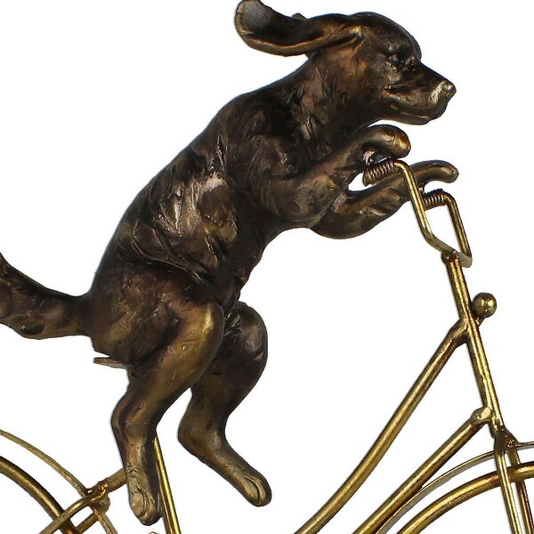 14 Inches Metal Frame Dog on Bicycle Sculpture, Gold - Bed Bath