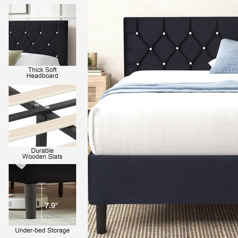 VECELO Upholstered Beds With Diamond Tufted Headboard, Platform Bed Frame, 7.9'' Under Bed Space