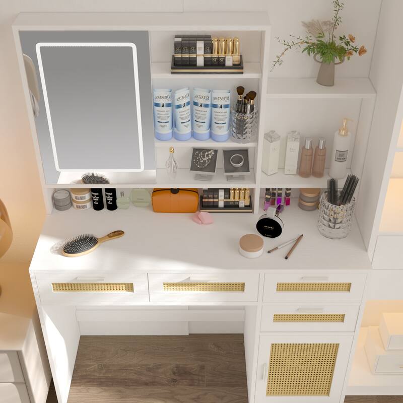 Makeup Vanity with Lights in 3 Colors,Openable Mirror,Vanity Desk with 4 Drawers,1 Cabinet,Shelves, Rattan Vanity Dresser