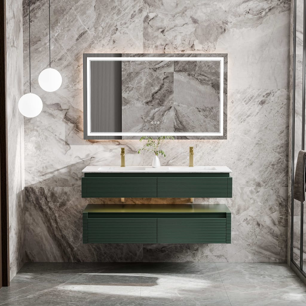 Modland 48" Modern Wall-Mounted Double Sink Bathroom Vanity with Engineered Stone Countertop,LED Light