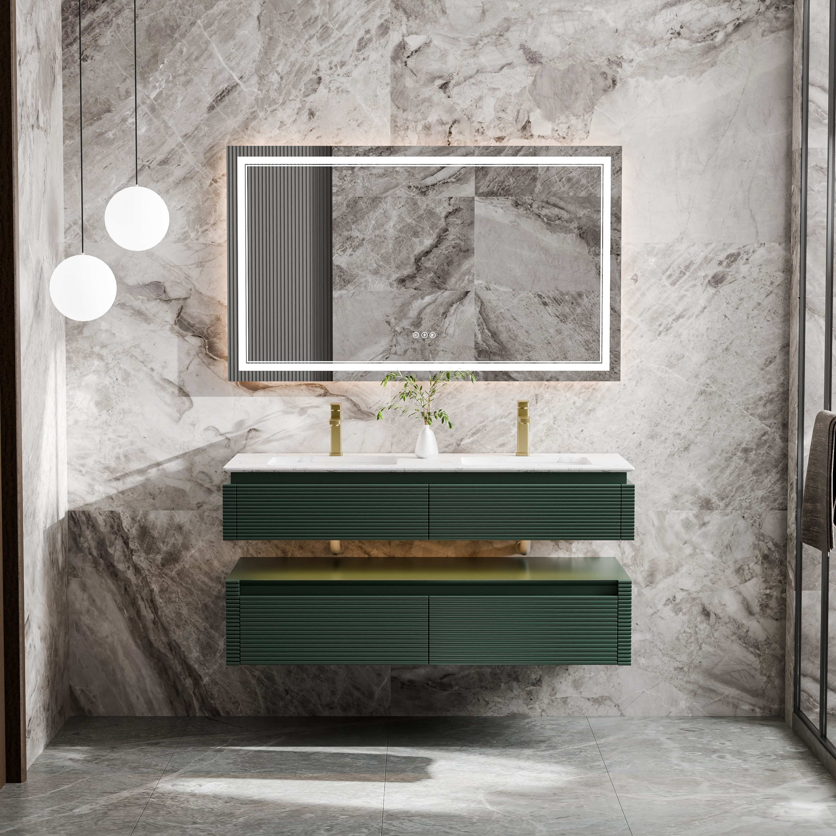 48" Modern Wall-Mounted Double Sink Bathroom Vanity with Engineered Stone Countertop,LED Light