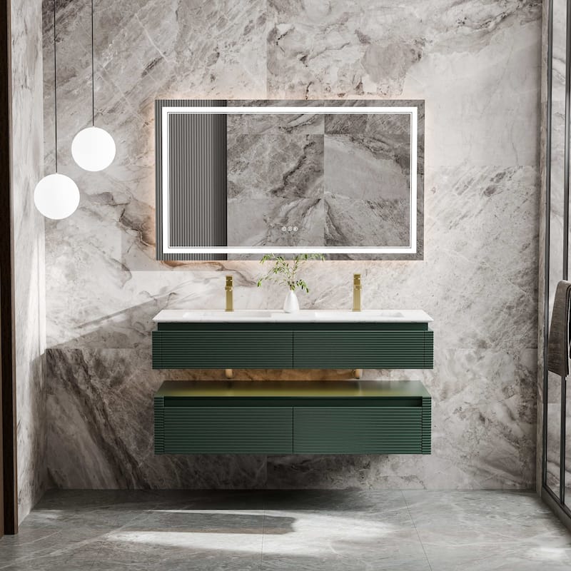 Modland 48" Modern Wall-Mounted Double Sink Bathroom Vanity with Engineered Stone Countertop,LED Light