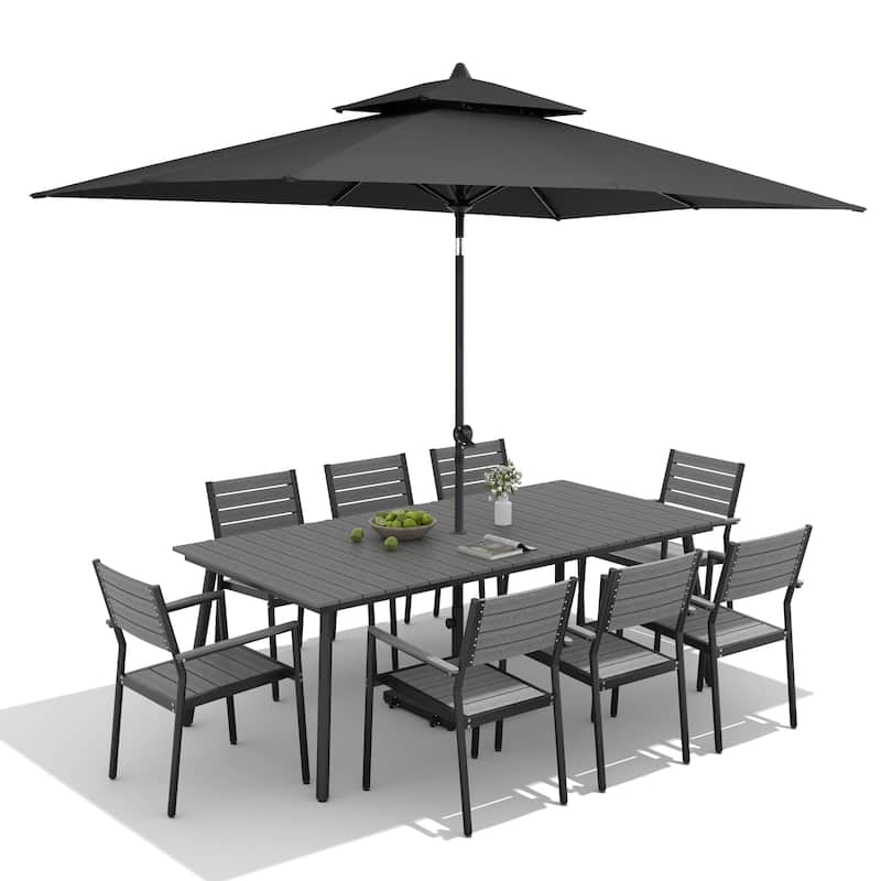 11-Piece Outdoor Dining Set 8 Stackable Chairs and Aluminum Table w/ 10 ft Umbrella and Base Stand