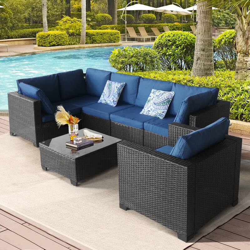 7 Pieces Outdoor Patio Furniture Set Sectional Rattan Sofa Brown Manual Wicker Patio Conversation Set
