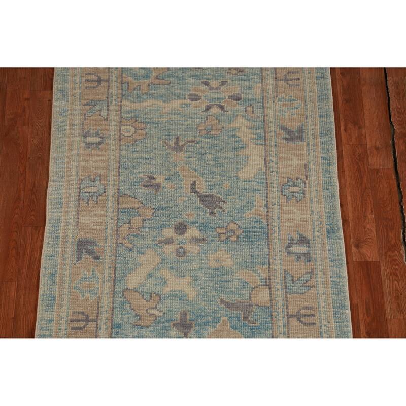 Hand Knotted Oriental 100% Wool Carpet Transitional Floral Navy Blue & Blues Oushak Runner Rug - 17' 2'' X 3' 4''