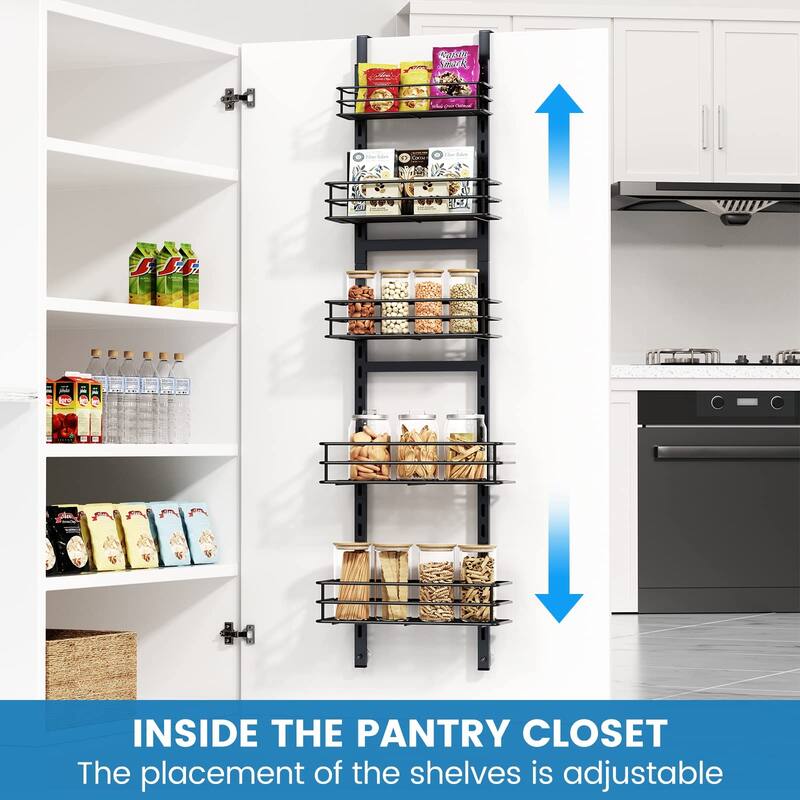 Adjustable 5-Tier Over the Door Pantry Organizer, Spice Rack, Narrow Hanging Shelf for Kitchen Storage and Organization