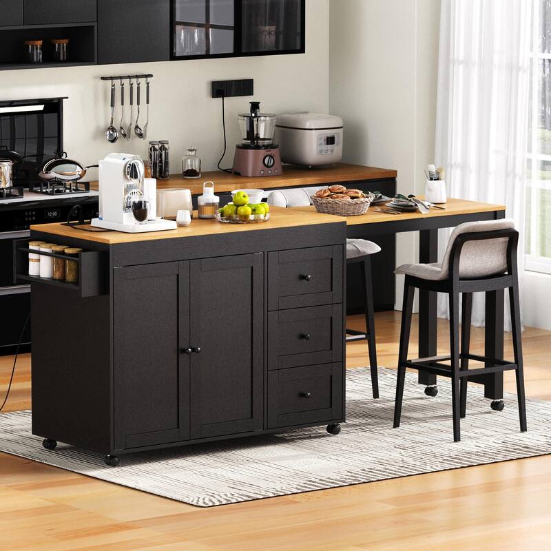 43.3'' Kitchen Island with Extendable Dining Table, Power Outlet, Spice Rack and 3 Drawers - 43.3'' x 17.7'' x 35''