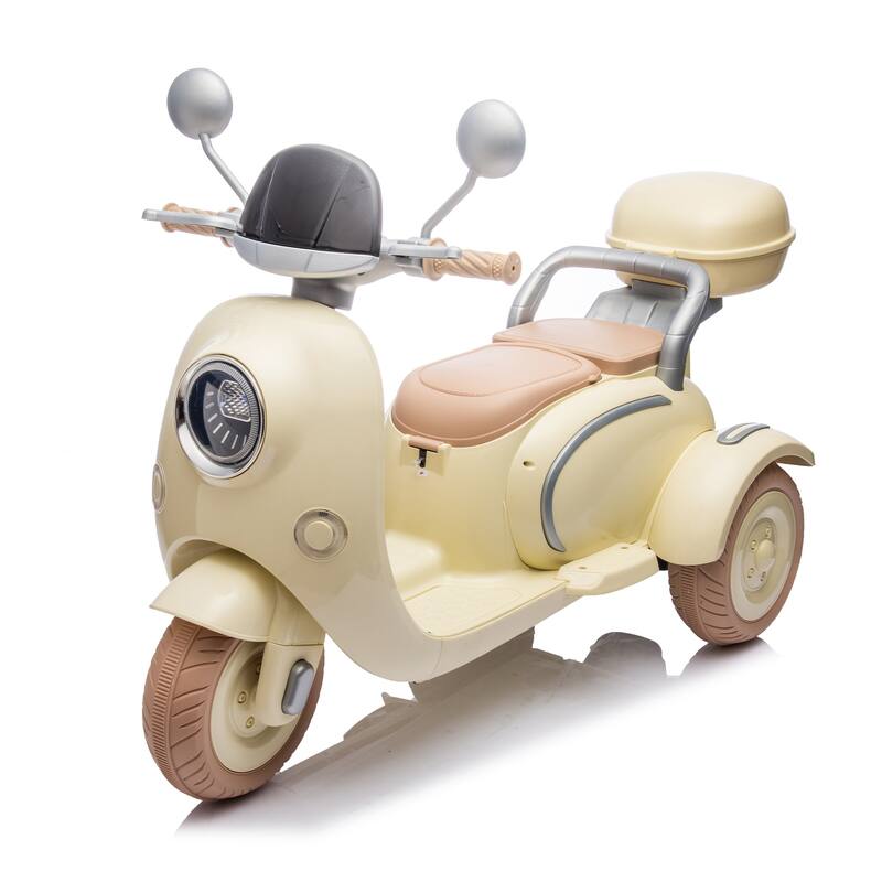 12V Ride-On Two-Seater Motorcycle for Kids, Three-Wheel Design, USB, Bluetooth, Adult Seat Flip, and Storage for Ages 3-6.
