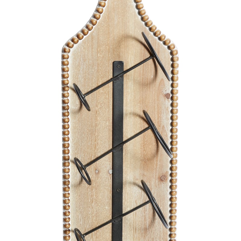 Wood Bottle Shaped 4 Bottle Wall Wine Rack with Beaded Frame - Brown - Roche River Decor - 5"W x 9"L x 32"H