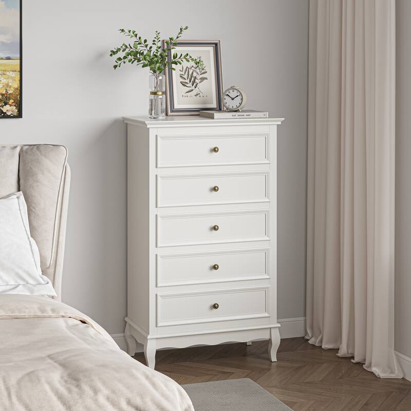 Modern 5-Drawer Dresser with Solid Wood Legs - White