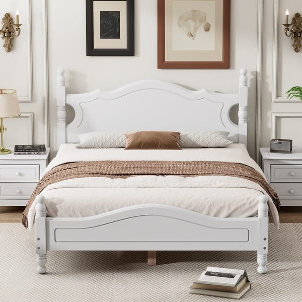 slide 2 of 13, Full Size Wood Platform Bed Frame with Slat Support, Retro Design with Sturdy Wooden Construction White