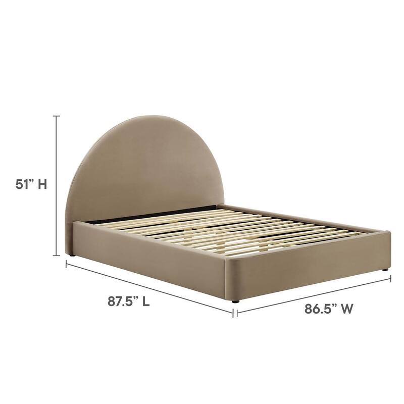 Palmetto Modern Round Headboard Taupe Velvet Upholstered King Size Platform Bed