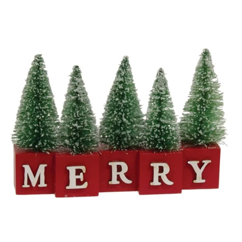 Green Red Wooden Frosted Winter Forest Merry Blocks with Bottlebrush Trees Decor - 6.25" L x 1.5" W x 4.25” H
