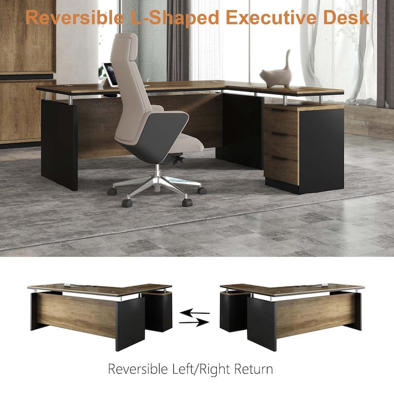 63-inch L Shaped Executive Desk, Industrial Modern Office Desk with 3 Storage Drawers