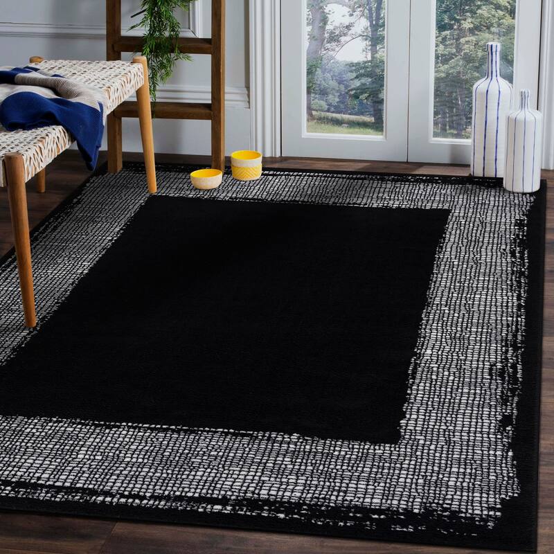 Beverly Rug Modern Border Indoor Area Rug with Jute Backing for Living Room, Kitchen, Bedroom - 8x10 - Black/Cream
