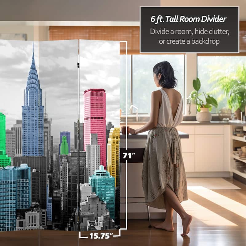 Handmade Wood and Canvas Double-sided New York Scene Room Divider (China)