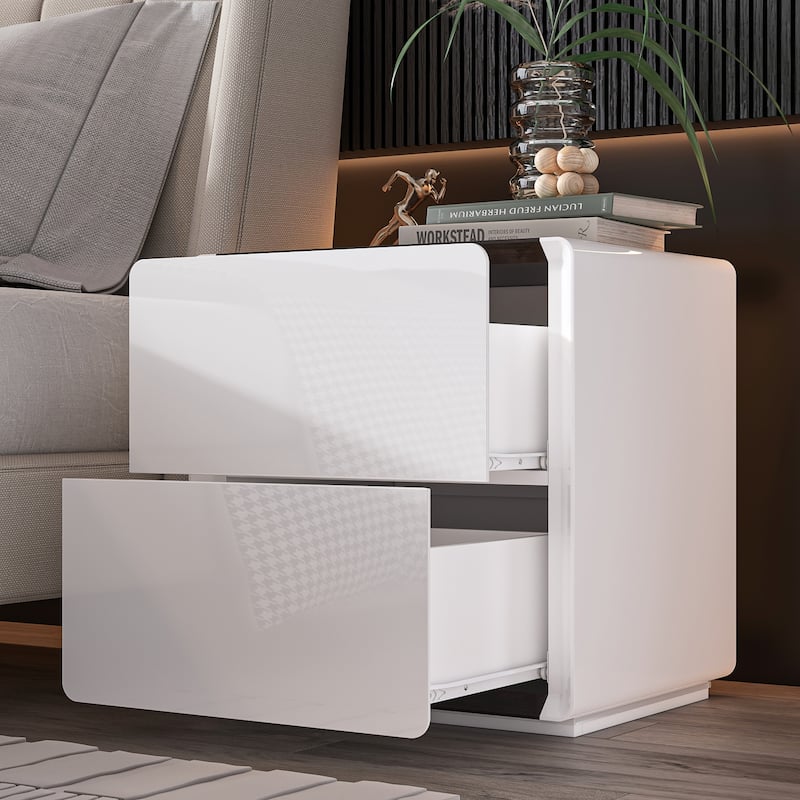 White Modern LED Nightstand High Gloss Bedside Tables with 2 Drawers