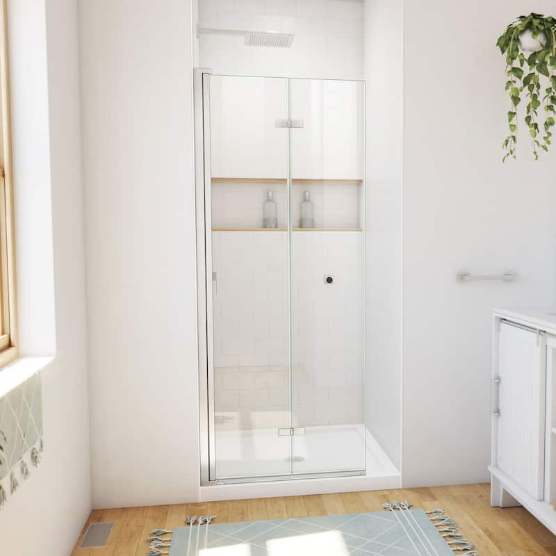 DreamLine Aqua-Q Fold 36 in. D x 36 in. W x 74 3/4 in. H Frameless Bi-Fold Shower Door in Brushed Nickel with White Base Kit