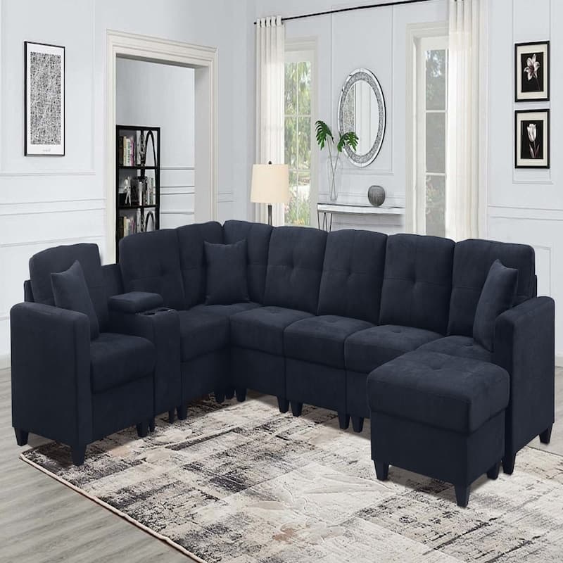Dark Blue Sectional Sofa, Solid Wood Frame, Microfiber, Cup Holders