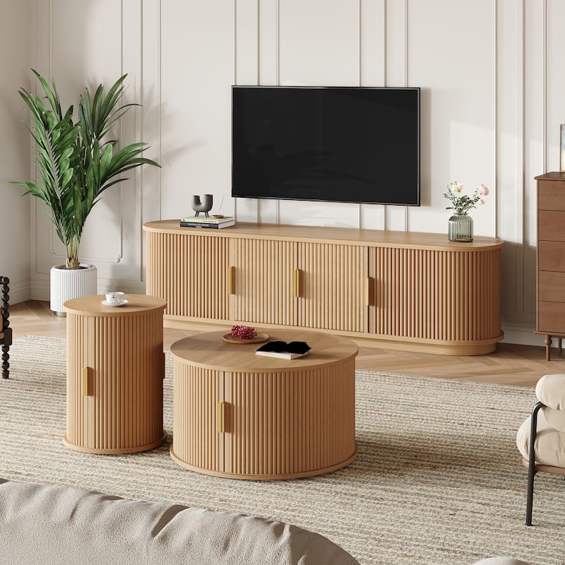 Farmhouse TV Stand & Coffee Table Set with Fluted Sliding Door & Golden Handles, for TVs up to 75"