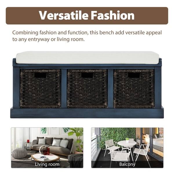 Merax Entryway Storage Bench With 3 Removable Baskets And Cushion Overstock 31428684 Antique Navy