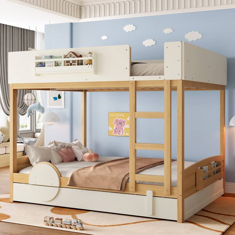 Kids Bed Wooden Bunk Bed with Trundle and Built-in Storage Bookshelves