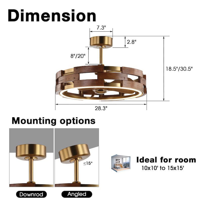 Perimost 28.4" Farmhouse Gold 3-Blade Fandelier Ceiling Fan with Light and Remote