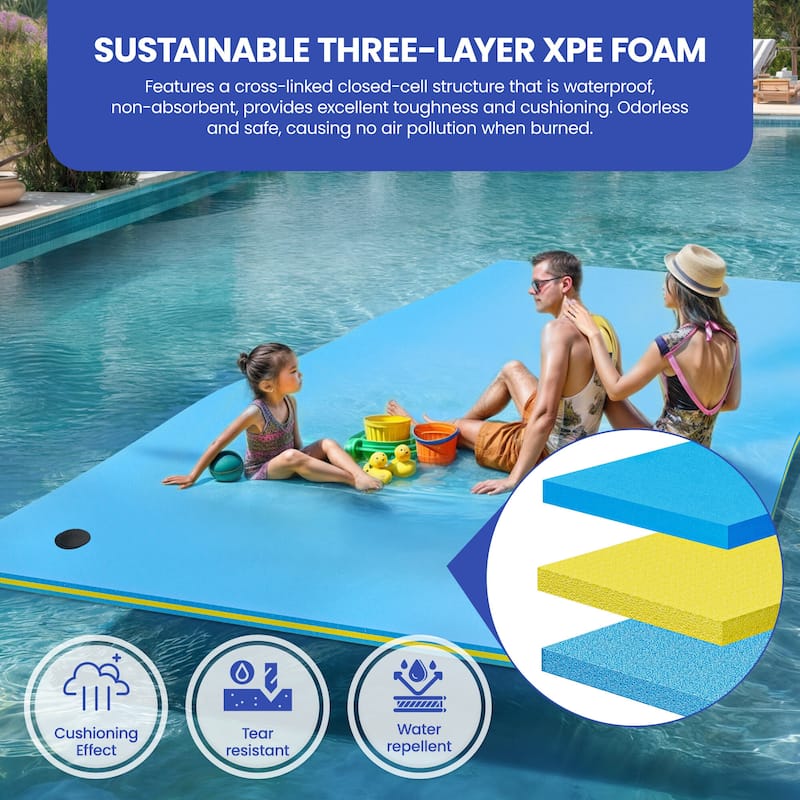 3 Layer Blue Outdoor Floating Water Pad Foam Mat 12'x6'Tear Proof Pool Water Mat XPE Floating Island - 12'x6'