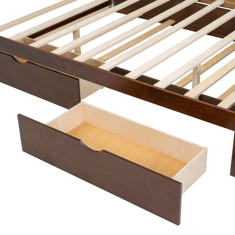 Queen Size Rattan Headboard Bed with Storage Drawers and Trundle in Walnut