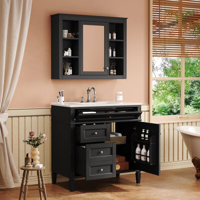 Roomfitters 36" Modern Vanity with Sink and Medicine Cabinet, Bathroom Cabinet with 2 Doors and 4 Drawers