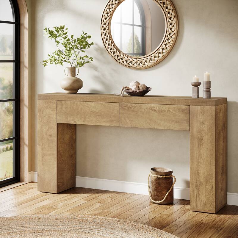 63-Inch Wooden Console Table with 2 Hidden Drawers, Sofa Table for Living Room, Hallway, Entrance, Foyer