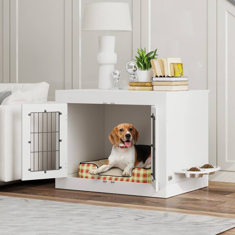 PawHut Dog Crate Furniture w/ 360° Rotatable Removable Dog Bowls, Dog Kennel Furniture w/ Two Doors, Non-slip Foot Pads