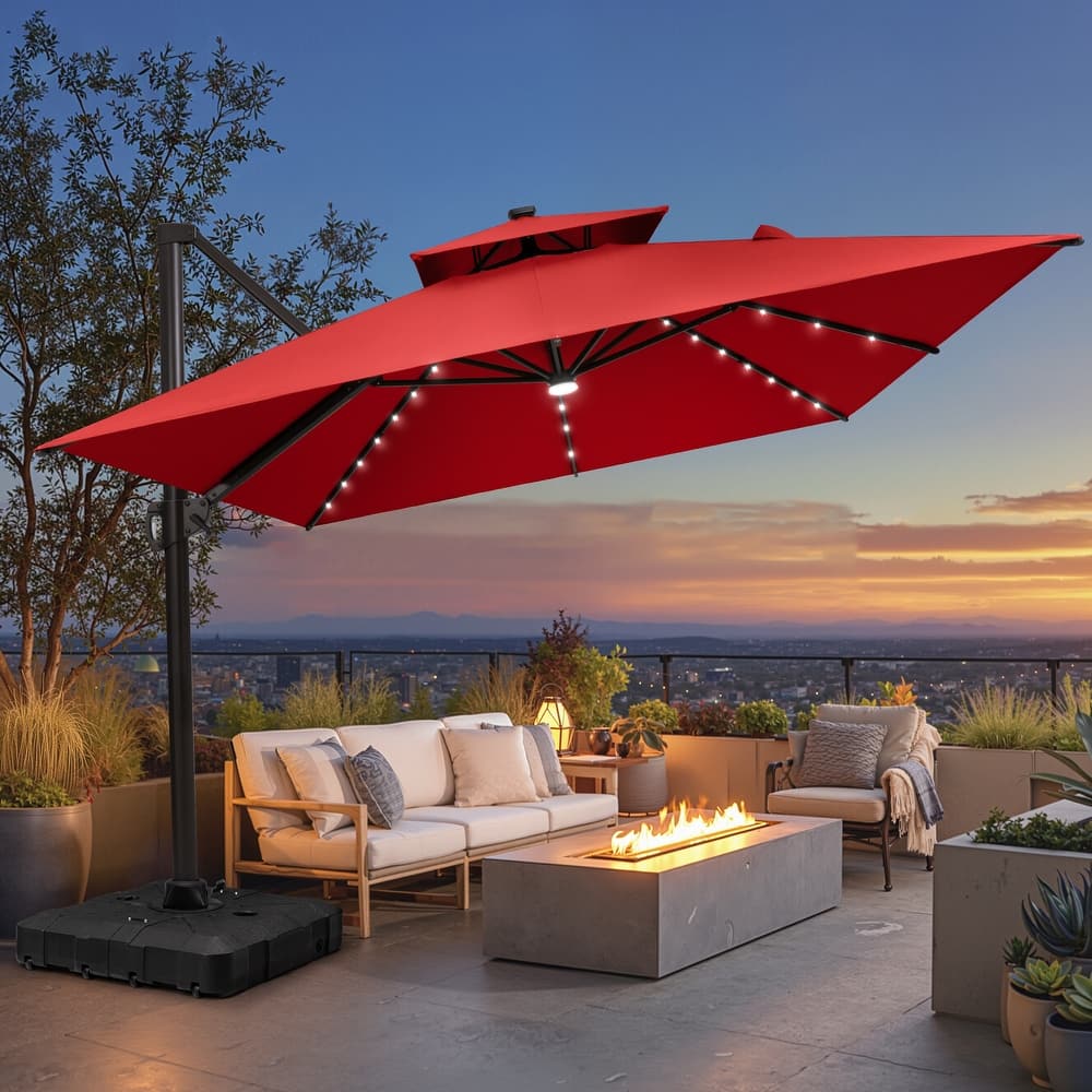 10 X 13 FT Outdoor Patio Cantilever Umbrella with Solar Lights All-Weather Wheeled Base Double Canopy 360 Rotation Tilt