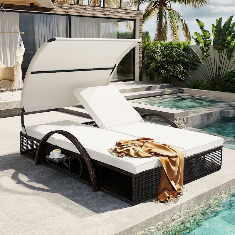 Outdoor Steel Frame Sun Lounger with Adjustable Backrest,Patio Double Sunbed - Beige