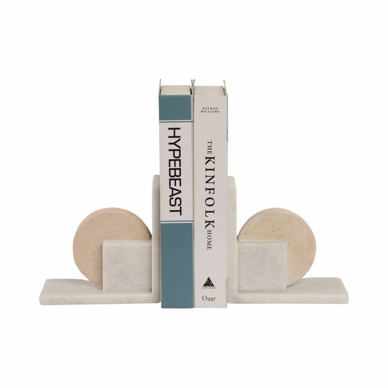 Decorative Geometric Marble Bookends - Set of 2 , 6", White & Tan - 6.0"