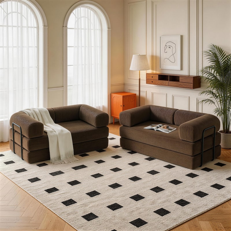 Set of 2 Corduroy Fully Compressed Convertible Sleeper Sofa with Metal Frame