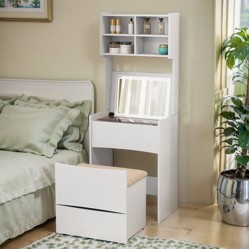Makeup Vanity Table with Flip Top LED Illuminated Mirror & Stool