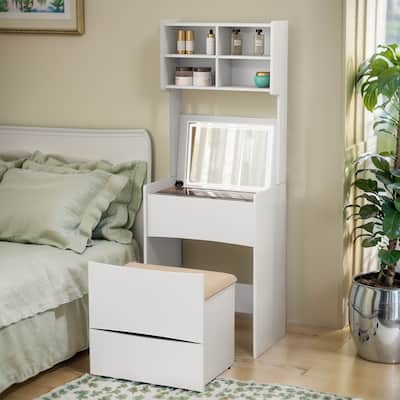 Makeup Vanity Table with Flip Top LED Illuminated Mirror & Stool