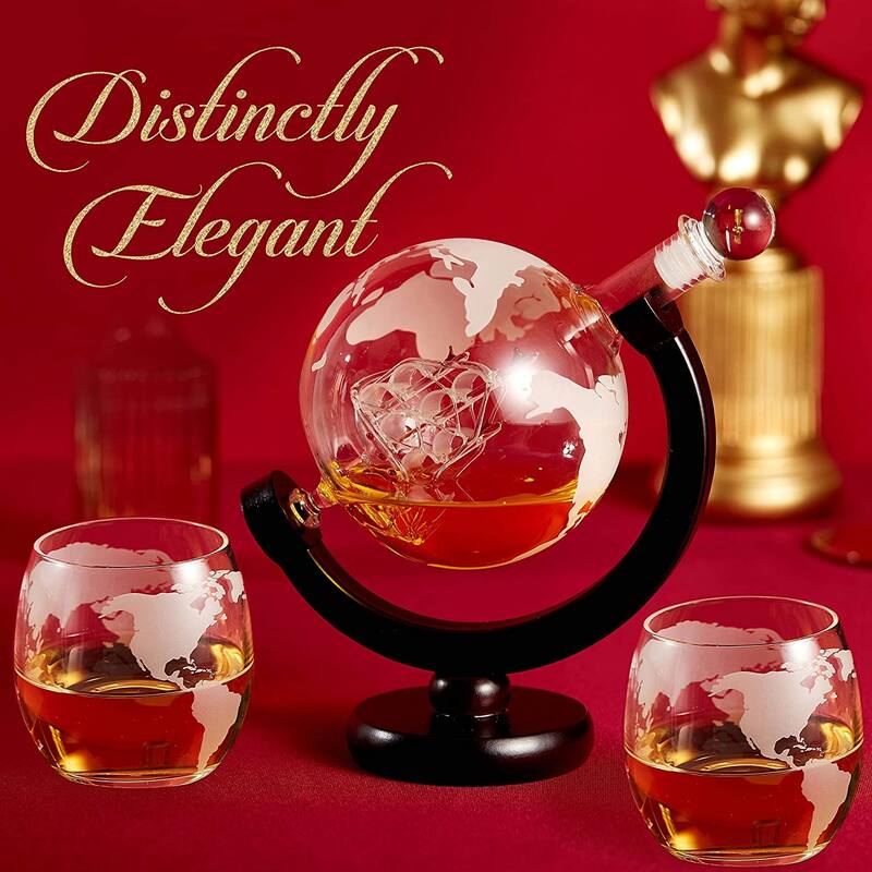 Berkware Globe Etched Whiskey Decanter With Interior Hand-Crafted Glass Ship - Gift Set with Globe Glasses
